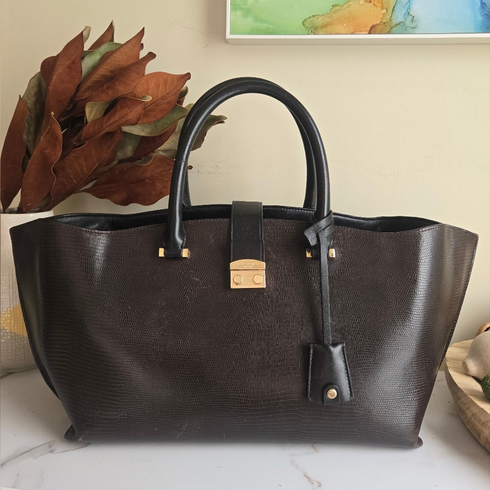 Vintage Henri Bendel Embossed Brown Black Leather Shoulder Tote Bag